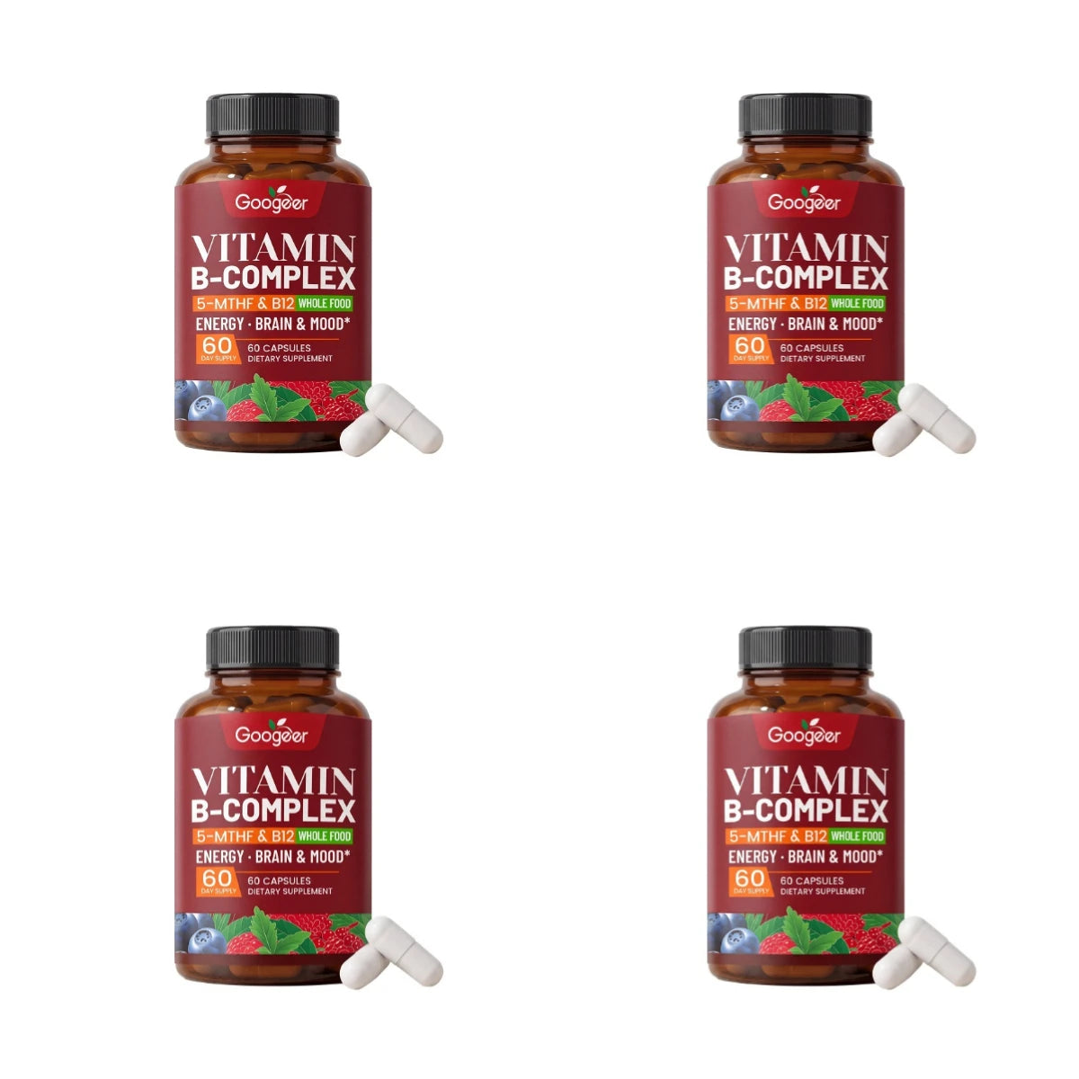 B Complex Vitamins Supplement with Biotin B12 Folate Blueberry Astragalus Herbal Blend for Daily Energy Wellness Support 60 Ct