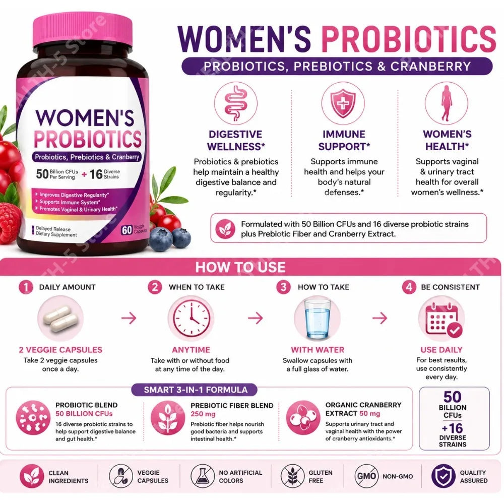 Women Probiotic 50 Billion CFU 16 Strains with Prebiotic Cranberry 60 Veggie Capsules Daily Digestive Wellness Support