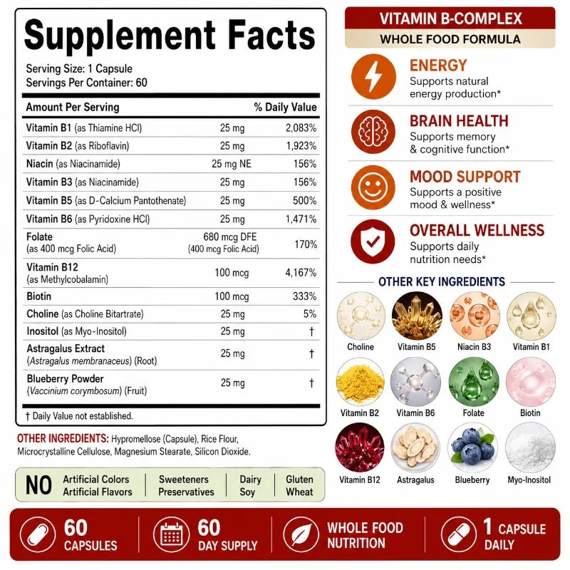 B Complex Vitamins Supplement with Biotin B12 Folate Blueberry Astragalus Herbal Blend for Daily Energy Wellness Support 60 Ct