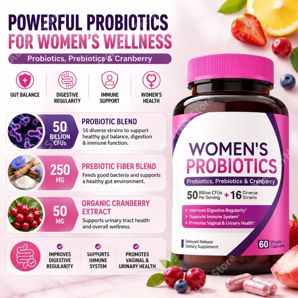 Women Probiotic 50 Billion CFU 16 Strains with Prebiotic Cranberry 60 Veggie Capsules Daily Digestive Wellness Support