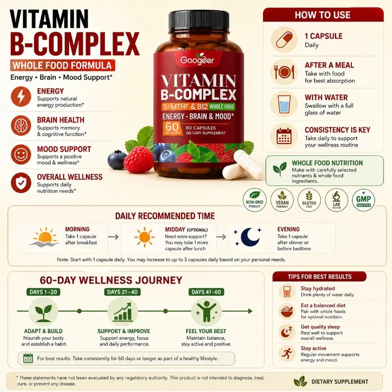 B Complex Vitamins Supplement with Biotin B12 Folate Blueberry Astragalus Herbal Blend for Daily Energy Wellness Support 60 Ct