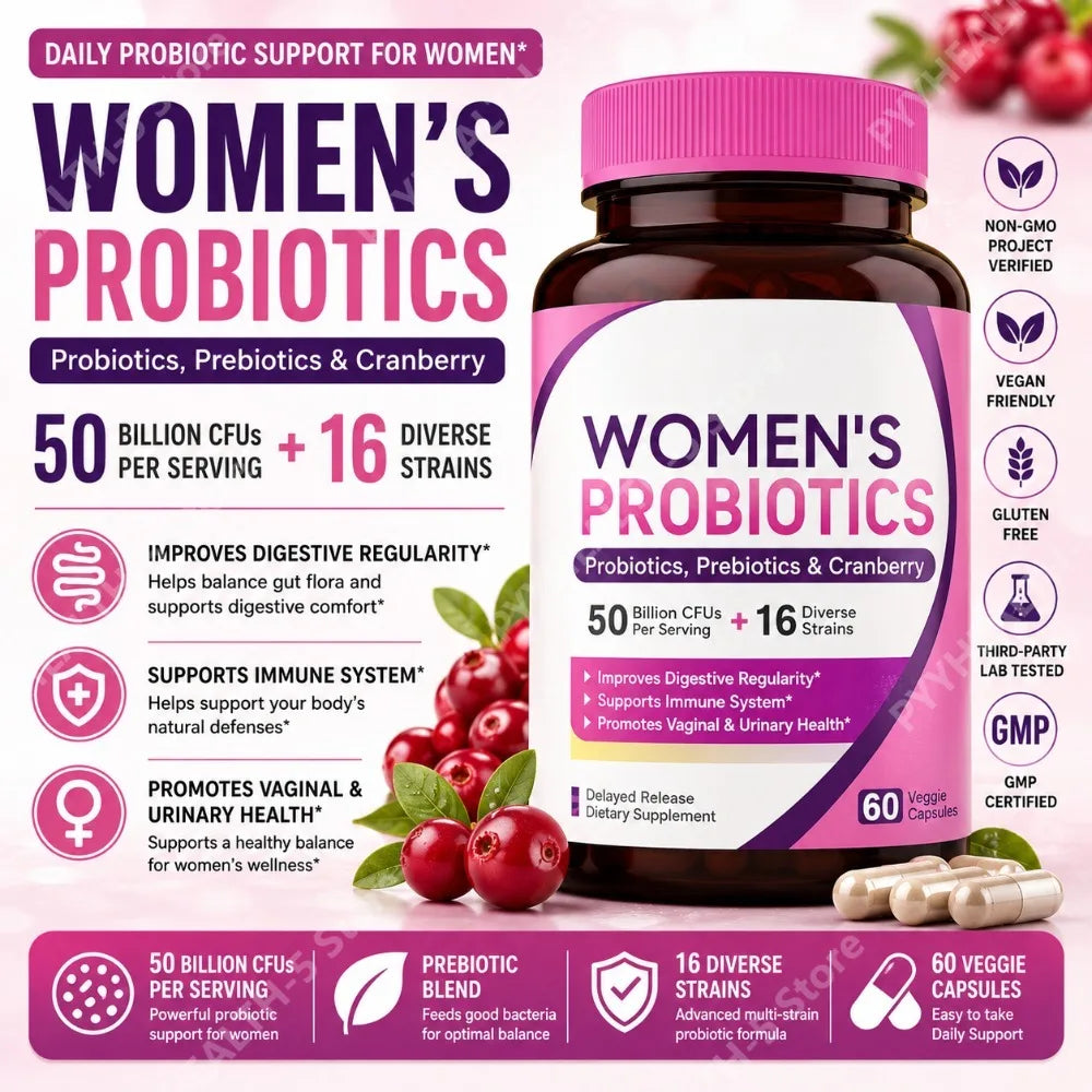 Women Probiotic 50 Billion CFU 16 Strains with Prebiotic Cranberry 60 Veggie Capsules Daily Digestive Wellness Support