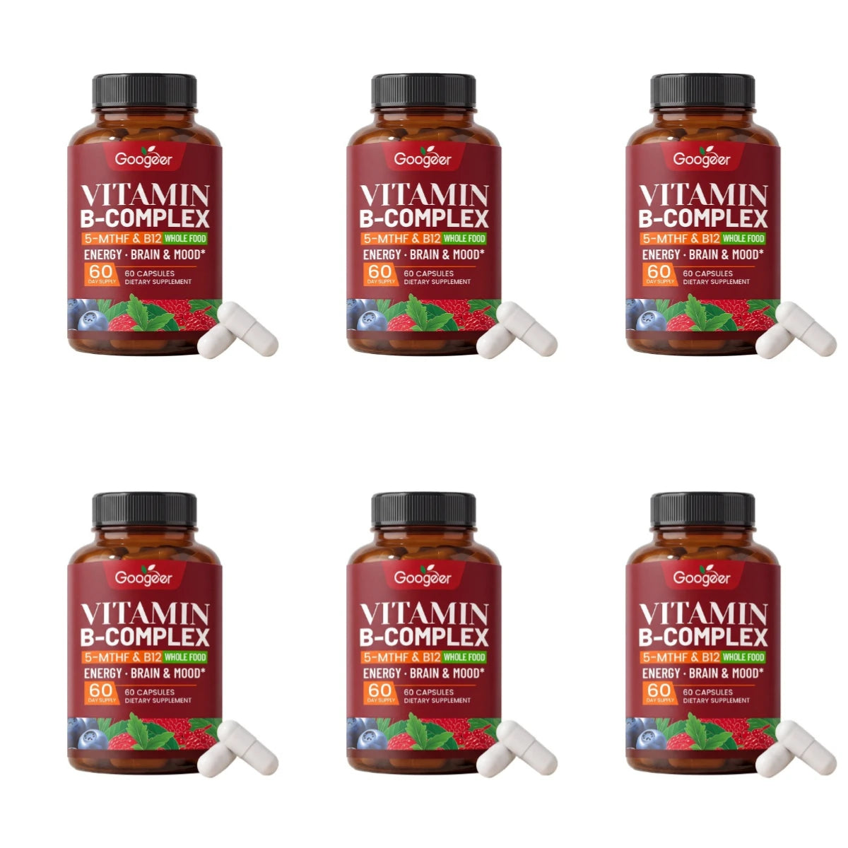 B Complex Vitamins Supplement with Biotin B12 Folate Blueberry Astragalus Herbal Blend for Daily Energy Wellness Support 60 Ct