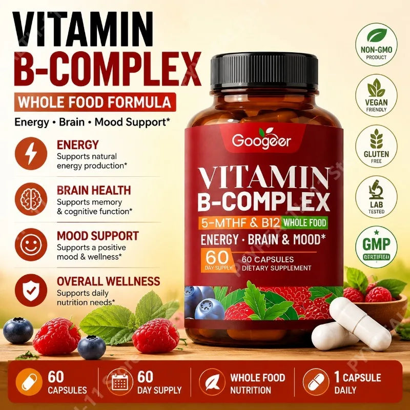 B Complex Vitamins Supplement with Biotin B12 Folate Blueberry Astragalus Herbal Blend for Daily Energy Wellness Support 60 Ct